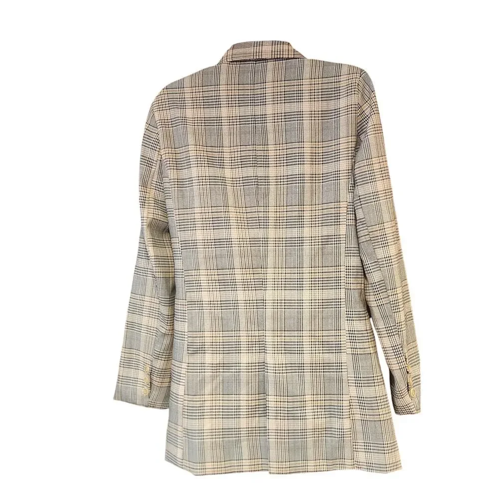 EUC IVIVI Plaid‎ Double Breasted Long Blazer Ivory, Navy, Brown Sz S